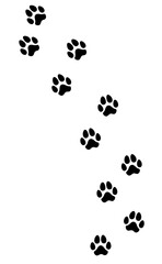 A trail of black footprints (comics silhuoette shapes), a dog walking alone on a path going from bottom to top, vertical orientation.
