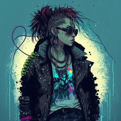Graphic Novel Image of a Punk Rock Woman with Sunglasses and a Leather Jacket on an Abstract Graffiti Background. [Digital Art Painting, Sci-Fi Fantasy Horror Background, Graphic Novel, Product Image] - obrazy, fototapety, plakaty