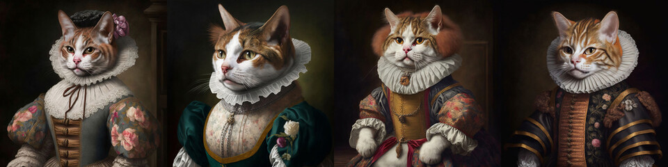 Renaissance Cats. [Digital Art Painting, Sci-Fi Fantasy Horror Background, Graphic Novel, Postcard, or Product Image] - obrazy, fototapety, plakaty