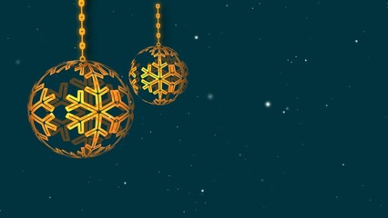 Golden Christmas bauble decoration on blue background with snowflakes 