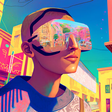 White Man With Short Buzz Cut Hair And Virtual Reality Glasses In City