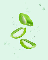 Aloe Vera on green background. Leaf of Aloe Vera plant and drops of juice or gel. 