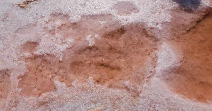 Closeup detailed shot of unrefined salt in Salt lake in Tunisia Chott el Djerid red color of water from the salt minerals. Largest salt lake in the Sahara Desert.
