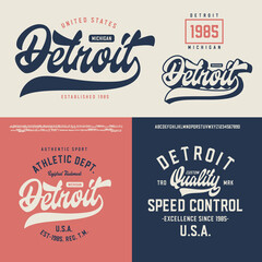 Detroit. Octagonal and Script Font with many alternate characters. T Shirt Design. Vector