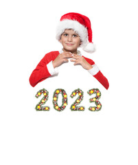 Santa Claus holds christmas poster and 2023 number