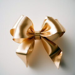 Gold ribbon bow on a white plain background, golden bow,  generative AI