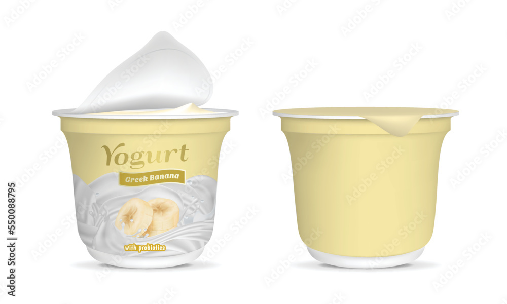 Sticker Realistic Detailed 3d Open Greek Banana Yogurt Packaging Container and Empty Template Mockup Set. Vector illustration