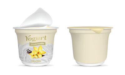 Realistic Detailed 3d Open Greek Vanilla Yogurt Packaging Container and Empty Template Mockup Set. Vector illustration