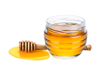Honey isolated on white or transparent background. Jar with honey and honey dipper 