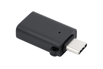 A close up of USB OTG. Type C to Type A adapters with isolated on a white background. technology product photo concept.