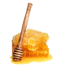 Honey isolated on white or transparent background. Honeycomb and honey dipper. 