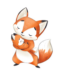 Mom and baby fox. Freehand drawing