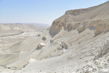 Landscape of sandy rocks in a canyon against a background of blue sky