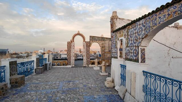View of the Old Medina of Tunis, Unesco. Around 700 monuments, including palaces, mosques, mausoleums, madrasas and fountains, testify to this remarkable historic city.