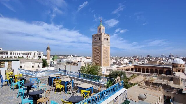 View of the Old Medina of Tunis, Unesco. Around 700 monuments, including palaces, mosques, mausoleums, madrasas and fountains, testify to this remarkable historic city.