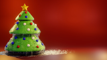 Isolated Christmas tree made from play dough or clay. Christmas tree with ice, icicles and frost on it. New year card. 3d design. Red background for copy space. 8k size. Greeting card, banner, poster