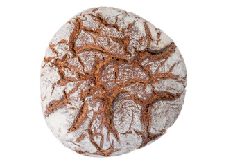 Round rye bread with a crispy crust and flour. Clipping on a white background.