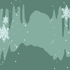 Hintergrund weihnachtlich und winterlich in Grau und Grün mit Schneeflocken, Eiszapfen und Copy Space
