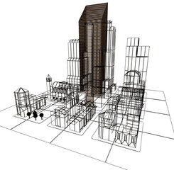 Abstract wireframe city background. Perspective 3D rendering of a building frame. Art illustration.