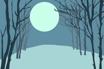 Hintergrund Winterwald mit Vollmond, Kälte und Frost, verschneit mit Copy Space, blau und grau