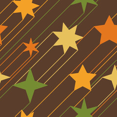 Seamless abstract geometric pattern with stars and stripes in retro 70s style. Hand drawn vector background.