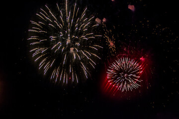 Large and small fireworks explode and burst into different shapes in the sky during the holiday