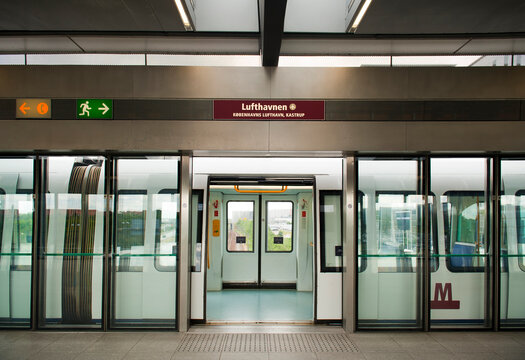 COPENHAGEN, DENMARK - JULY 1: Metro at Lufthavnen Airport Station on July 1, 2014 in Copenhagen