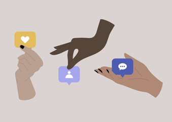 Hands holding social media icons, follow, like, comment