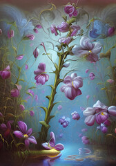Art illustration picture of beautiful purple flowers near the stream. Painting imitation.