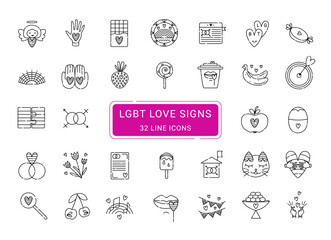 Black line lgbt icon set in vector, 32 signs of lesbian and gay love