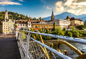 historic buildings at the old town of Meran in italy
