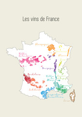 Wine map of France in french language Les vins de France. France wine regions, wine regions in France. Champagne, Loire, Burgundy, Beaujolais, Bordelais, Languedoc, Roussillion, Corse, Rhone, Provence