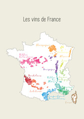 Fototapeta premium Wine map of France in french language Les vins de France. France wine regions, wine regions in France. Champagne, Loire, Burgundy, Beaujolais, Bordelais, Languedoc, Roussillion, Corse, Rhone, Provence