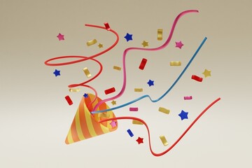 Gold popper with confetti 3d on colorful background. 3d render illustration. Holiday, birthday. Party invitation design. Party surprise decoration.