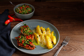Chupe de Papa (Colombian-Style Potatoes)with  chicken, pan fried with authentic argentine chimichurri