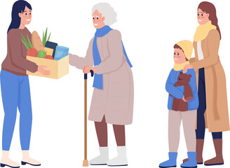 Family of refugees getting humanitarian aid semi flat color raster characters. Standing figures. Full body people on white. Simple cartoon style illustration for web graphic design and animation