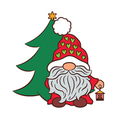Cute Christmas gnome with lantern by the Christmas tree. Little Swedish gnome holding vintage lantern. Fun nordic dwarf cartoon character. Scandinavian elf Tomte new year vector. Red green Xmas color.