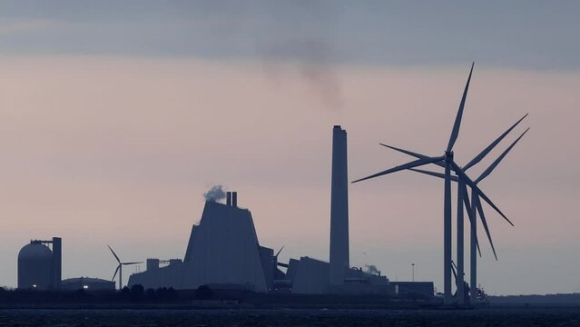 Copenhagen, Denmark Large wind turbines at the Avedøre Power Station. 