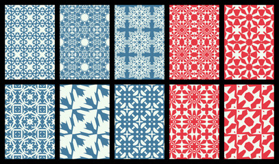 Set of 10 Winter Snowflake Geometric Seamless Patterns. Snow background set.