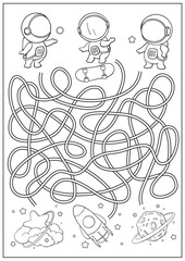 Maze game with cute astronauts. Kids riddle education worksheet with spaceship, rocket, planet and stars. Vector printable activity page.
