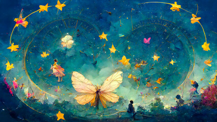 Fototapeta na wymiar Astrological circular zodiac in the magical sky of a fairy tale, with pink colors. Fairy landscape with fairy and butterflies announcing a reading of the fairy stars.