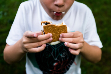 Midsection of boy eating smore