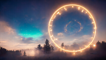 Luminous circular zodiac in the sky above a wild forest. Soothing and magical, these astrological lines and curves announce a Zen reading and future.