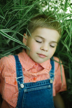 Boy with  closed eyes lying in the grass