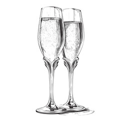 Two glasses of champagne sketch hand drawn engraved style Vector illustration.