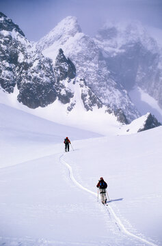 Skiers touring in Alpes D'Huez, France
