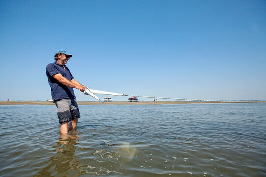 A man dropping the anchor by low tide of a small sailing yacht at l'Ile aux Oiseaux, Arcachon Bay, France.