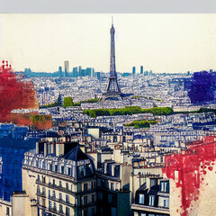 A view of Paris with landmarks such as the Eiffel Tower and tourist attractions like the Louvre visible in the skyline. The city is painted with the French flag's colors blue, white, and red.