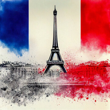A beautiful view of Paris, with buildings and tourist landmarks visible, painted in the colors of the French flag.