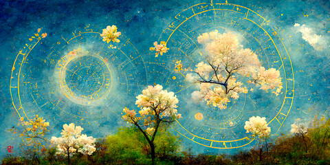 A beautiful and poetic view of a spring sky, with a circular zodiac filled with flowers and symbols of spring. This magical season is associated with hope and new beginnings.